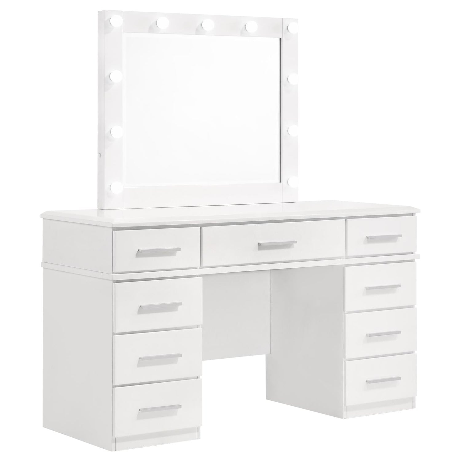 Felicity 9-Drawer Vanity Desk with Lighted Mirror Glossy White - 203507 - Bien Home Furniture &amp; Electronics