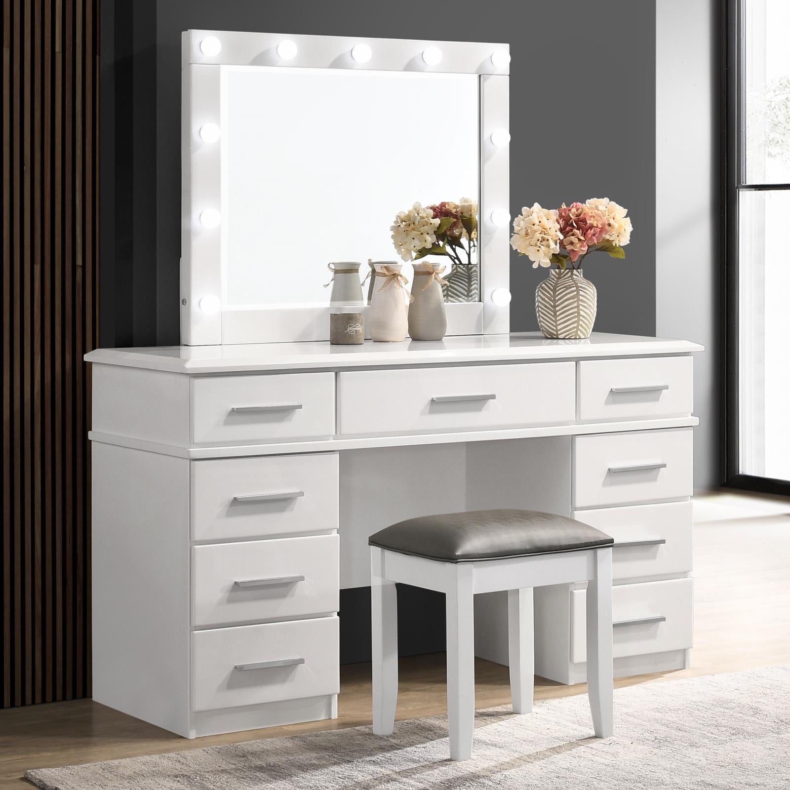 Felicity Metallic/Glossy White Upholstered Vanity Stool - 203507STL - Bien Home Furniture &amp; Electronics