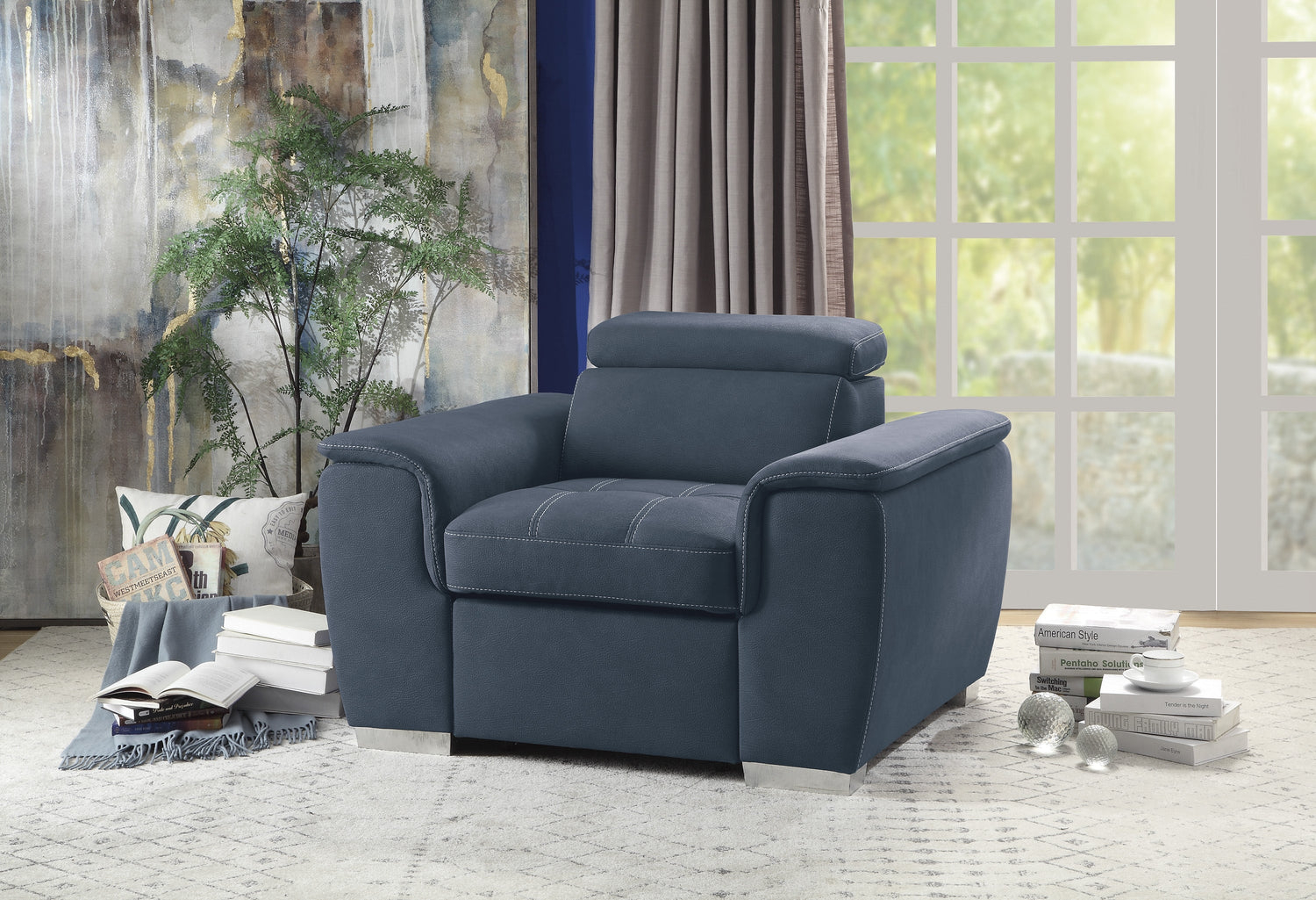 Ferriday Blue Chair with Pull-out Ottoman - 8228BU-1 - Bien Home Furniture &amp; Electronics