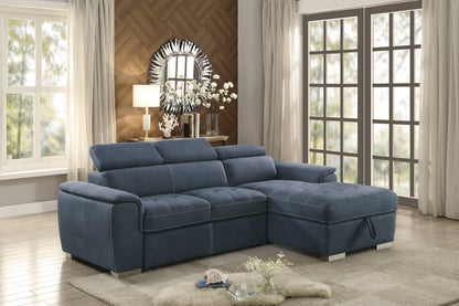Ferriday Blue Sectional with Adjustable Headrests, Pull-out Bed and Right Chaise with Hidden Storage - 8228BU* - Bien Home Furniture &amp; Electronics