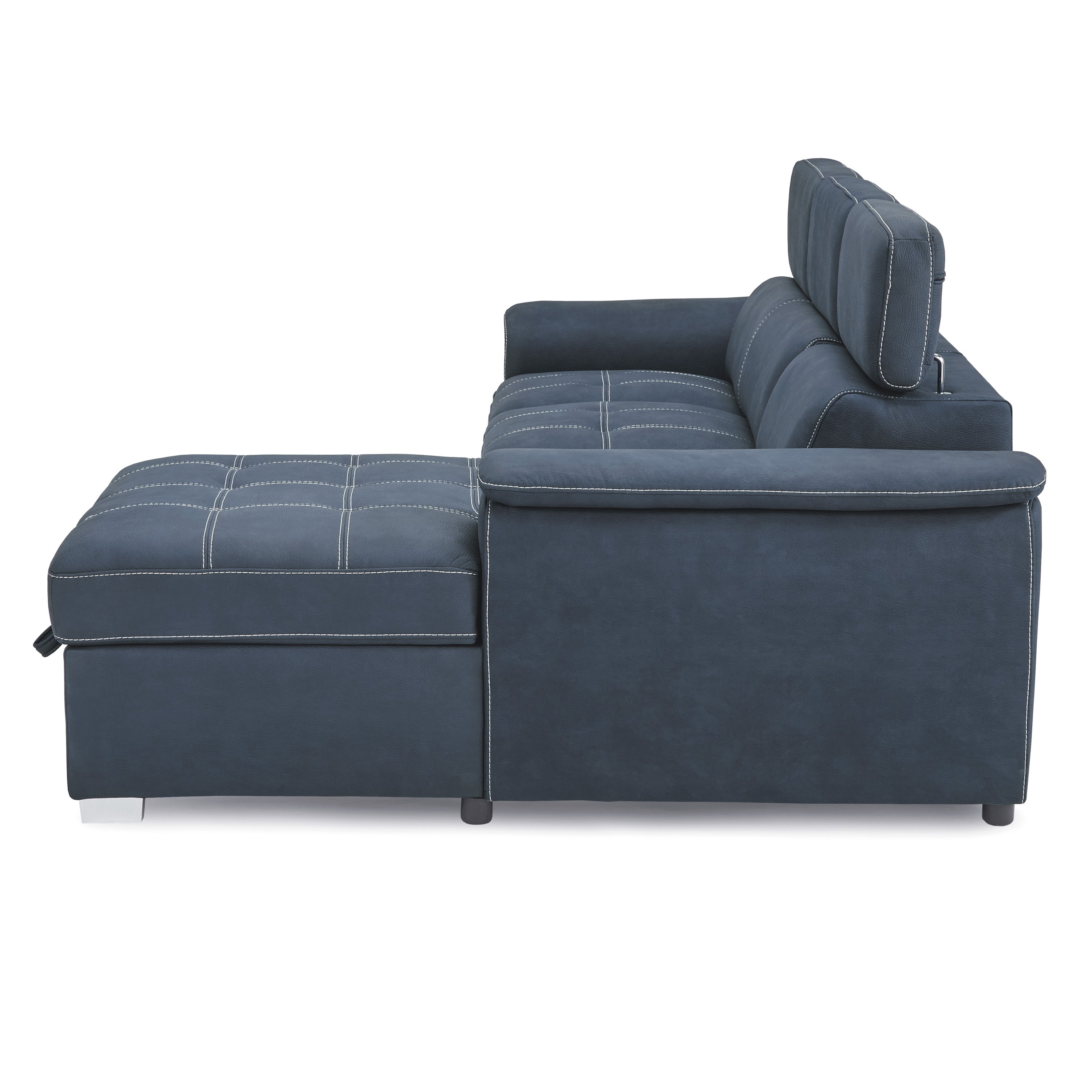 Ferriday Blue Sectional with Adjustable Headrests, Pull-out Bed and Right Chaise with Hidden Storage - 8228BU* - Bien Home Furniture &amp; Electronics