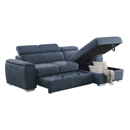 Ferriday Blue Sectional with Adjustable Headrests, Pull-out Bed and Right Chaise with Hidden Storage - 8228BU* - Bien Home Furniture &amp; Electronics