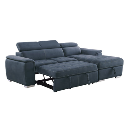 Ferriday Blue Sectional with Adjustable Headrests, Pull-out Bed and Right Chaise with Hidden Storage - 8228BU* - Bien Home Furniture &amp; Electronics