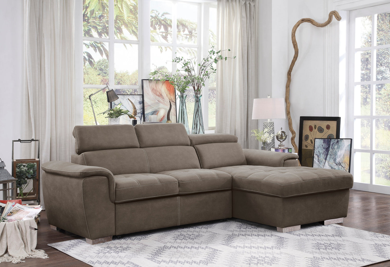 Ferriday Brown Sectional with Adjustable Headrests, Pull-out Bed and Right Chaise with Hidden Storage - 8228TP* - Bien Home Furniture &amp; Electronics