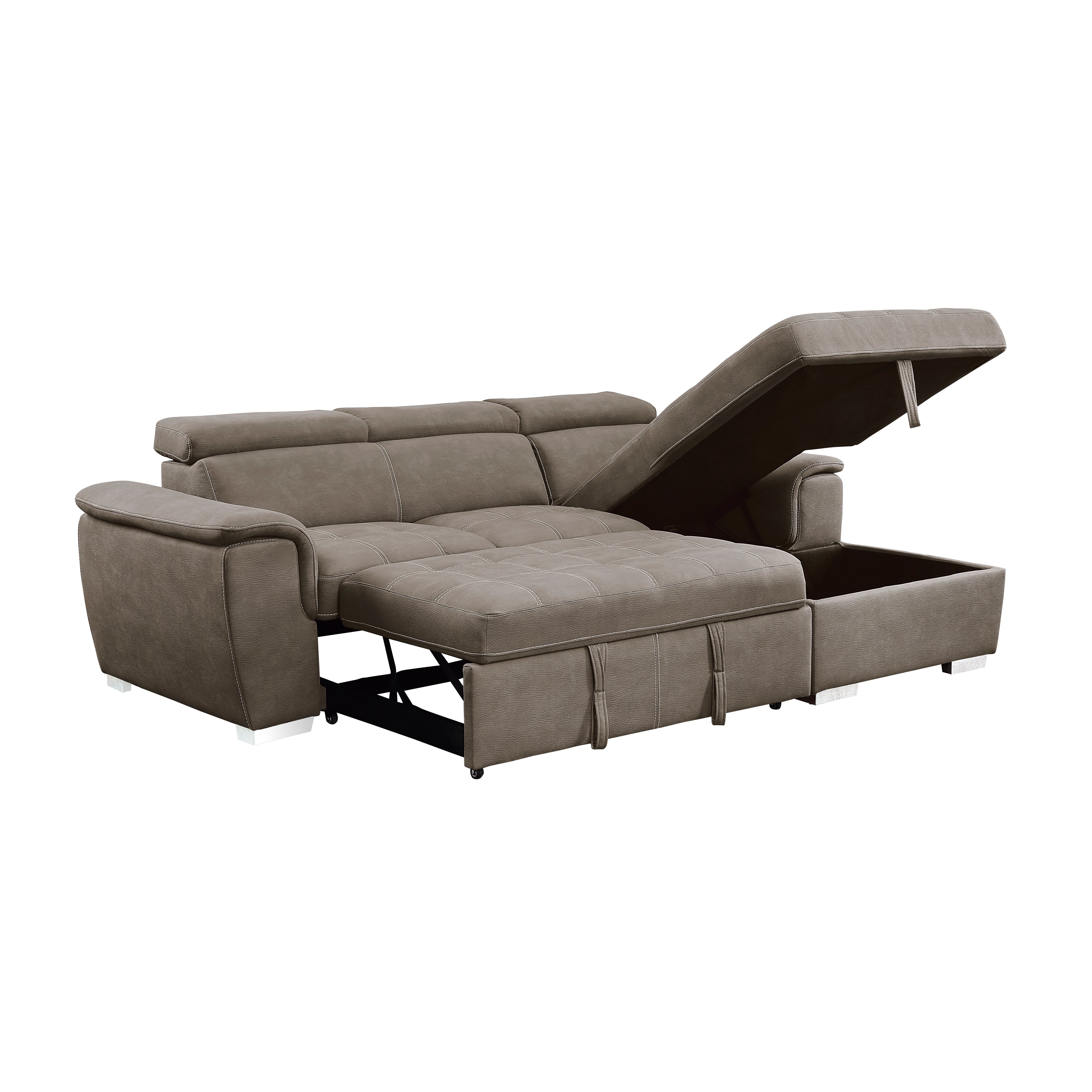 Ferriday Brown Sectional with Adjustable Headrests, Pull-out Bed and Right Chaise with Hidden Storage - 8228TP* - Bien Home Furniture &amp; Electronics