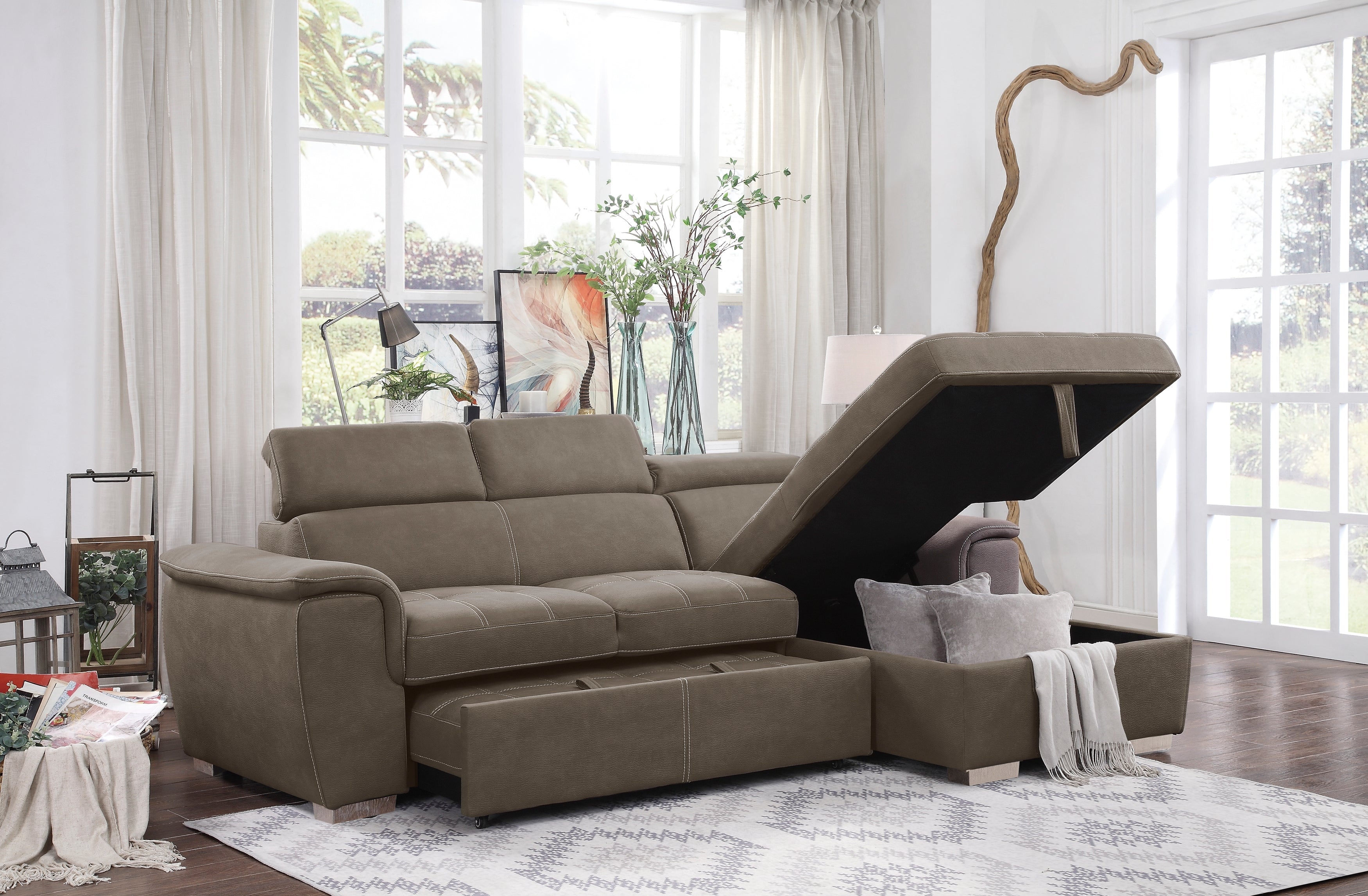 Ferriday Brown Sectional with Adjustable Headrests, Pull-out Bed and Right Chaise with Hidden Storage - 8228TP* - Bien Home Furniture &amp; Electronics