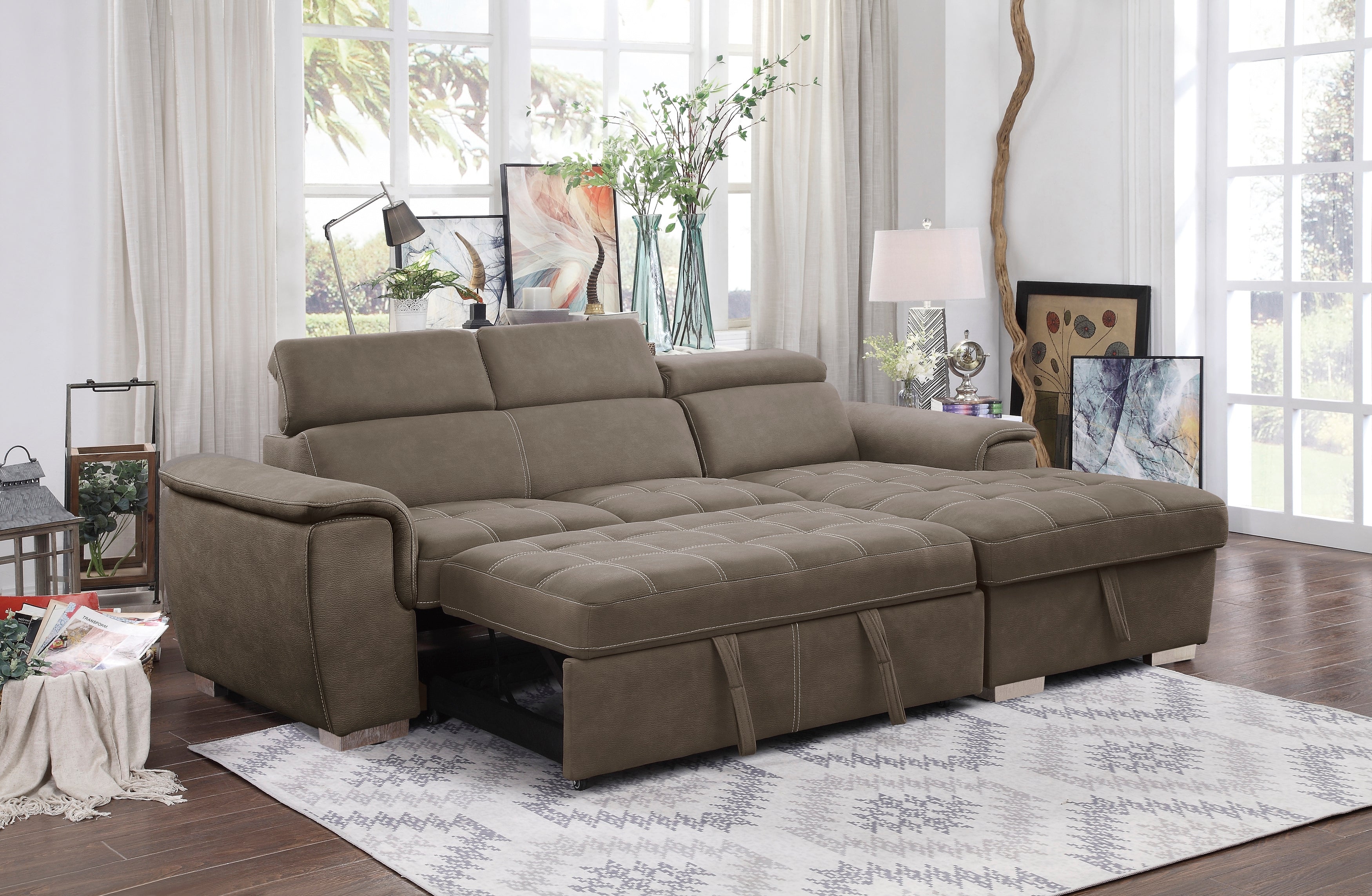 Ferriday Brown Sectional with Adjustable Headrests, Pull-out Bed and Right Chaise with Hidden Storage - 8228TP* - Bien Home Furniture &amp; Electronics
