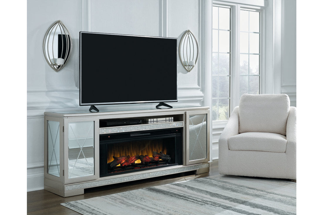 Flamory Silver 72&quot; TV Stand with Electric Fireplace - SET | W100-12 | W910-68 - Bien Home Furniture &amp; Electronics