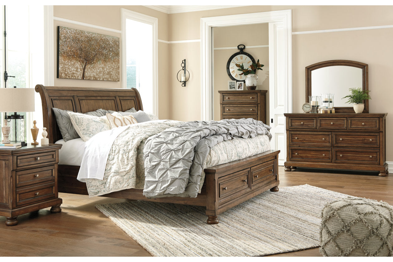 Flynnter Medium Brown Queen Sleigh Bed with 2 Storage Drawers - SET | B719-74 | B719-77 | B719-98 - Bien Home Furniture &amp; Electronics