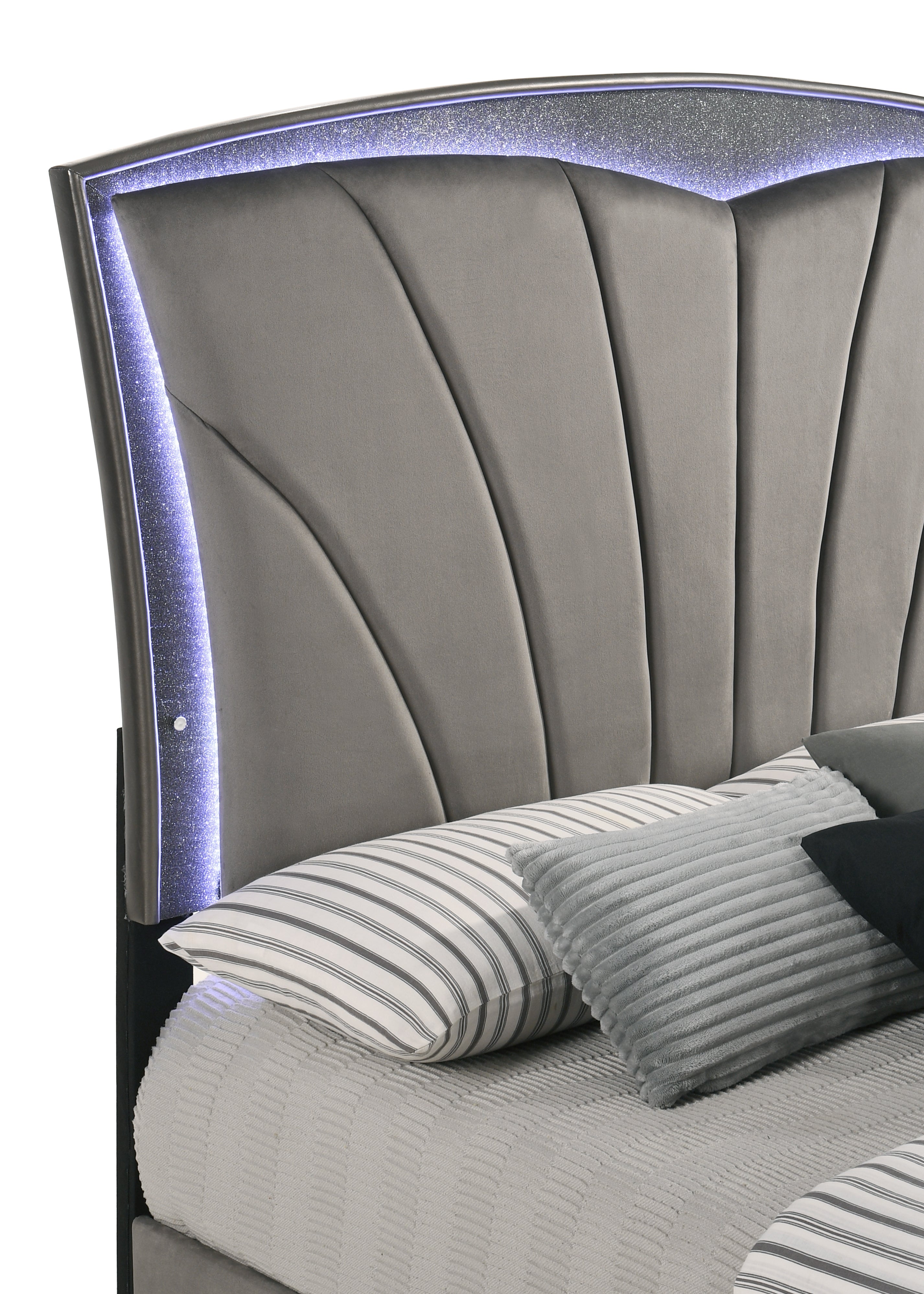 Frampton Gray LED Upholstered Platform Bedroom Set - SET | B4790-Q-HBFB | B4790-KQ-RAIL | B4790-1 | B4790-11 | B4790-2 - Bien Home Furniture &amp; Electronics