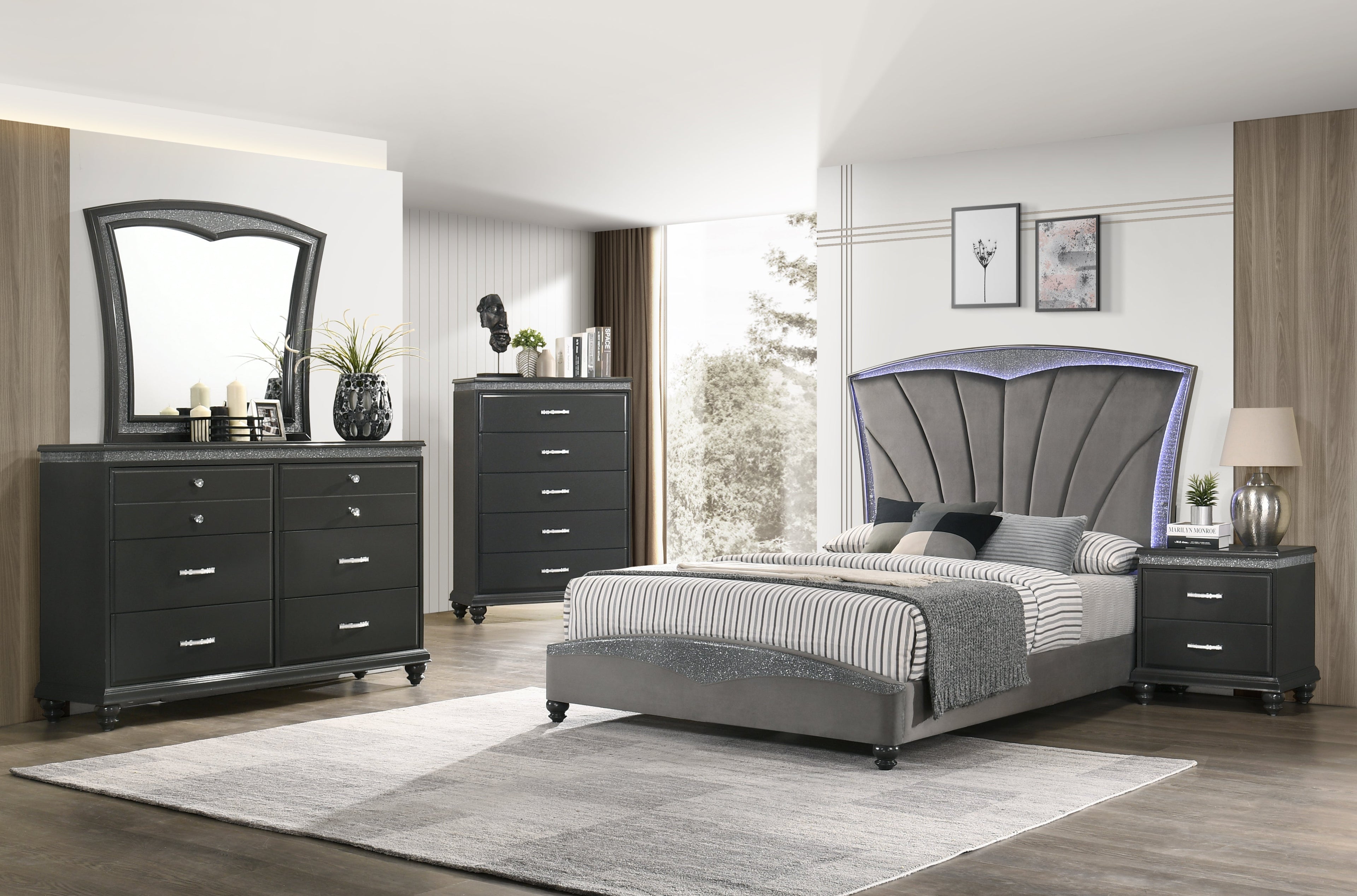 Frampton Gray Queen LED Upholstered Platform Bed - SET | B4790-Q-HBFB | B4790-KQ-RAIL - Bien Home Furniture &amp; Electronics