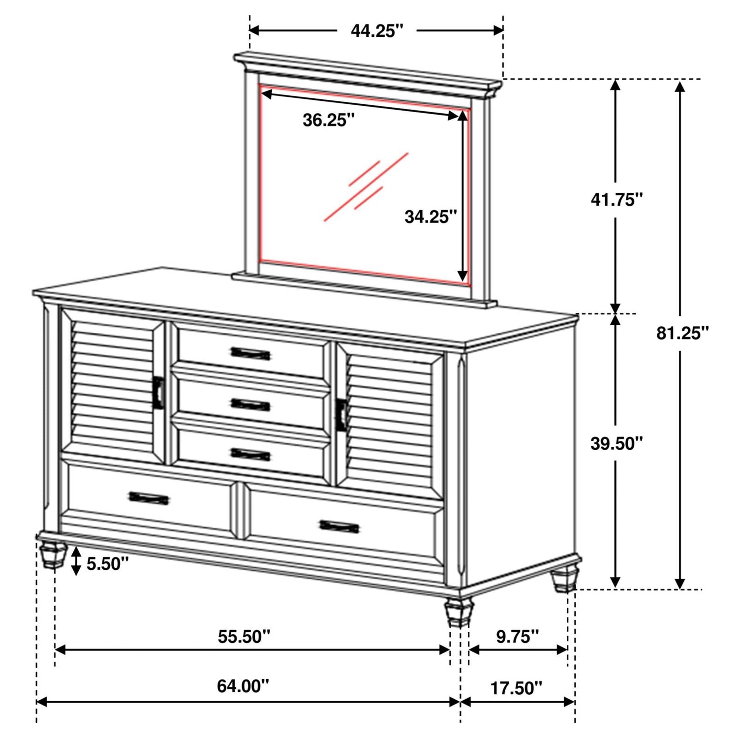 Franco 5-drawer Dresser with Mirror Antique White - 205333M - Bien Home Furniture &amp; Electronics