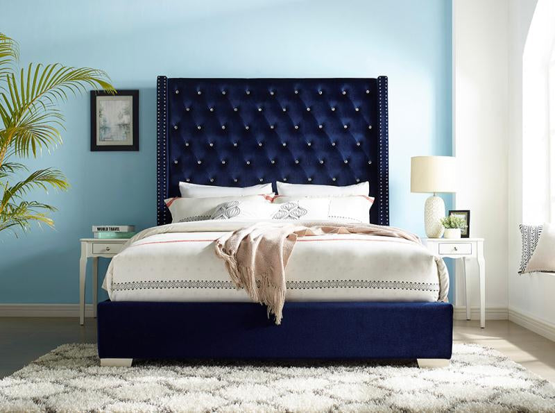 Franco Blue Velvet King Upholstered Bed - SET | SH228KBLU-1 | SH228KBLU-3 - Bien Home Furniture &amp; Electronics