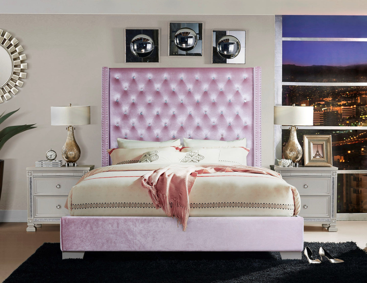 Franco Pink Velvet King Upholstered Bed - SET | SH228KPNK-1 | SH228KPNK-3 - Bien Home Furniture &amp; Electronics