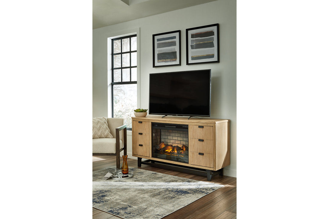 Freslowe Light Brown/Black TV Stand with Electric Fireplace - SET | W100-121 | W761-68 - Bien Home Furniture &amp; Electronics