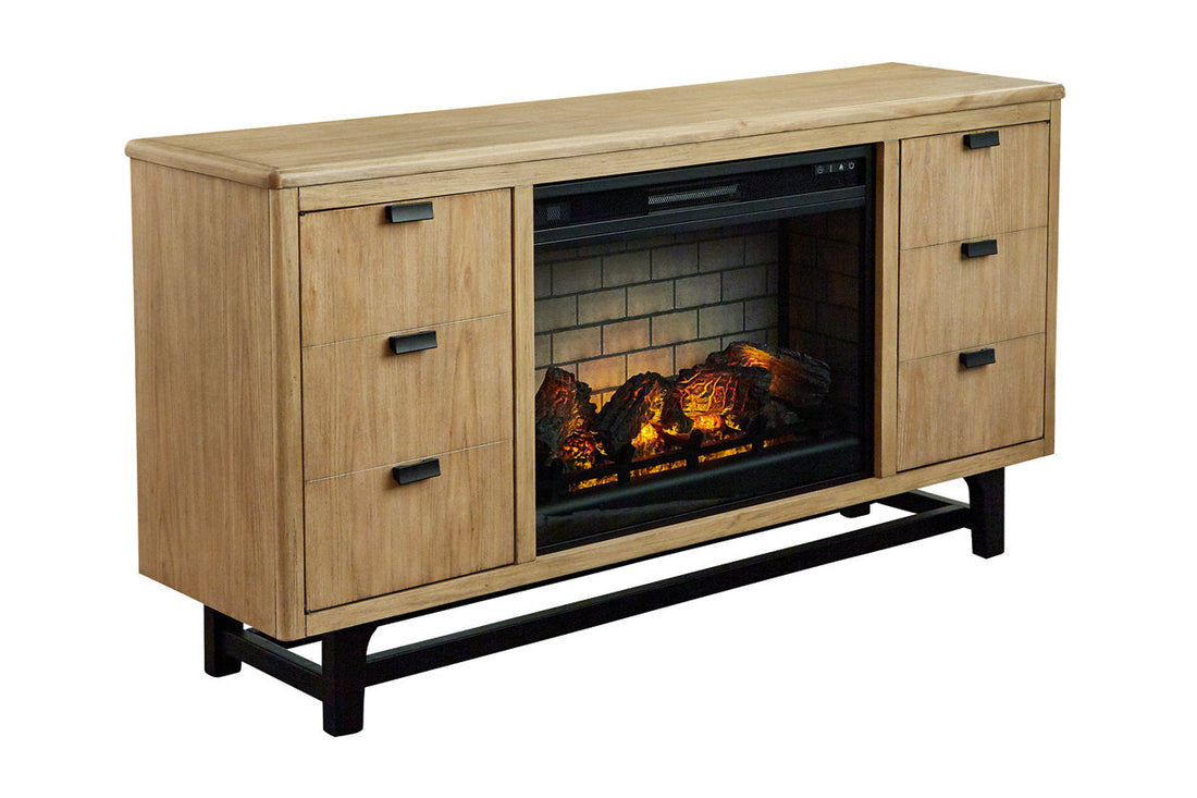 Freslowe Light Brown/Black TV Stand with Electric Fireplace - SET | W100-121 | W761-68 - Bien Home Furniture &amp; Electronics