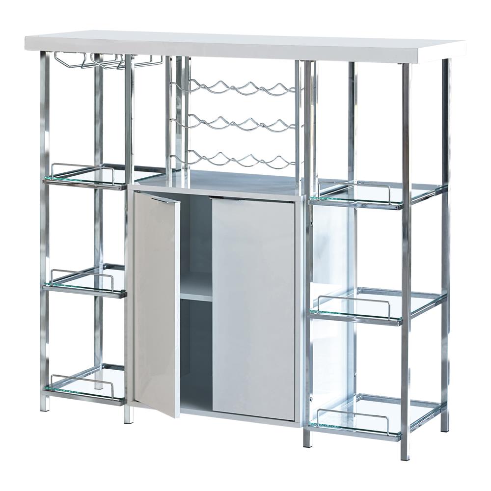 Gallimore High Glossy White/Chrome 2-Door Bar Cabinet with Glass Shelf - 182757 - Bien Home Furniture &amp; Electronics
