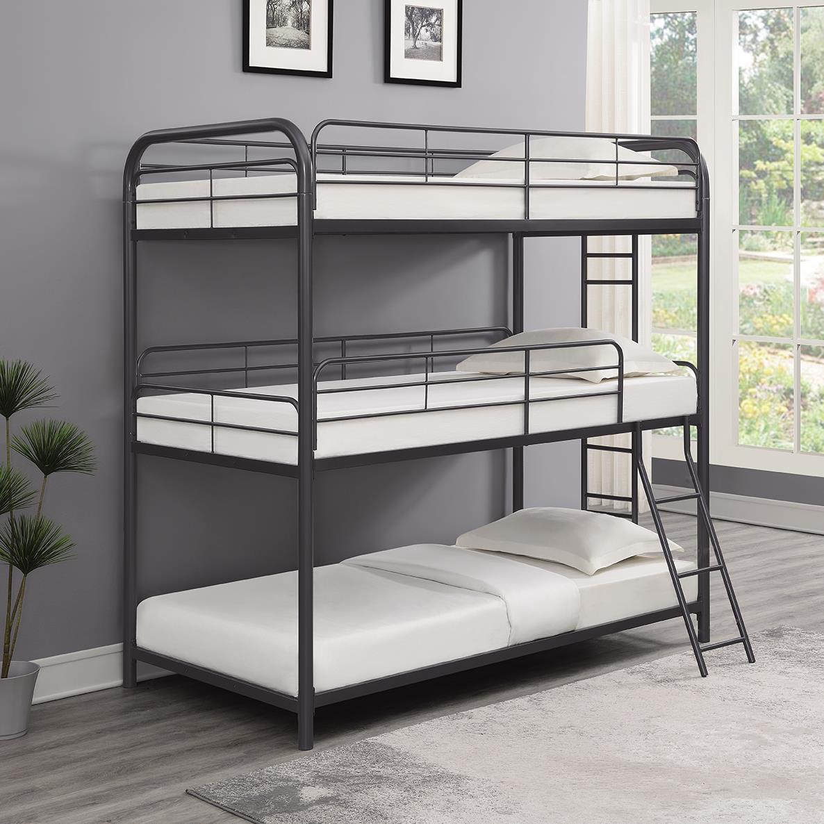 Garner Gunmetal Triple Bunk Bed with Ladder - 400777 - Bien Home Furniture &amp; Electronics