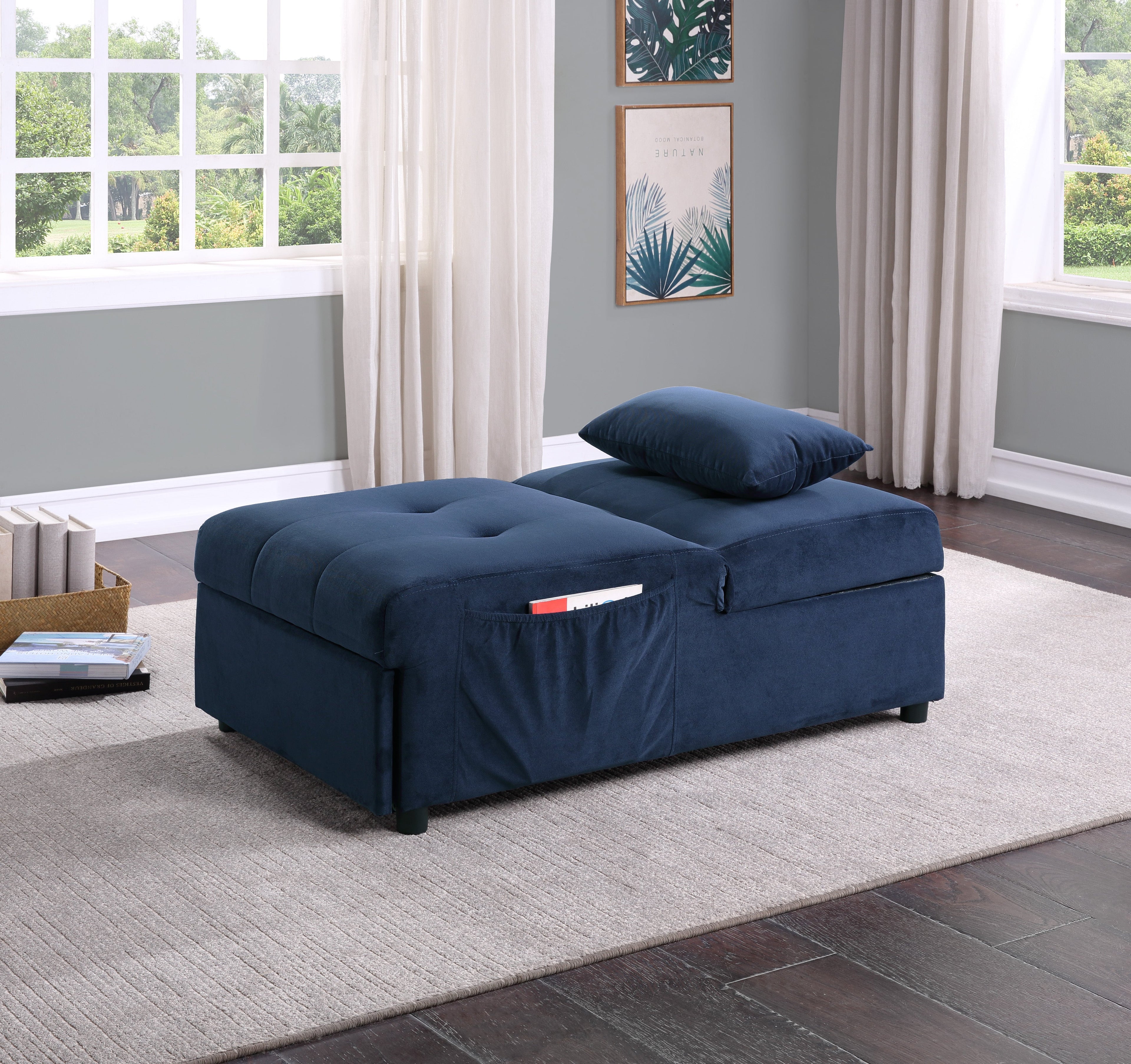 Garrell Blue Velvet Lift Top Storage Bench with Pull-out Bed - 4615-F1 - Bien Home Furniture &amp; Electronics