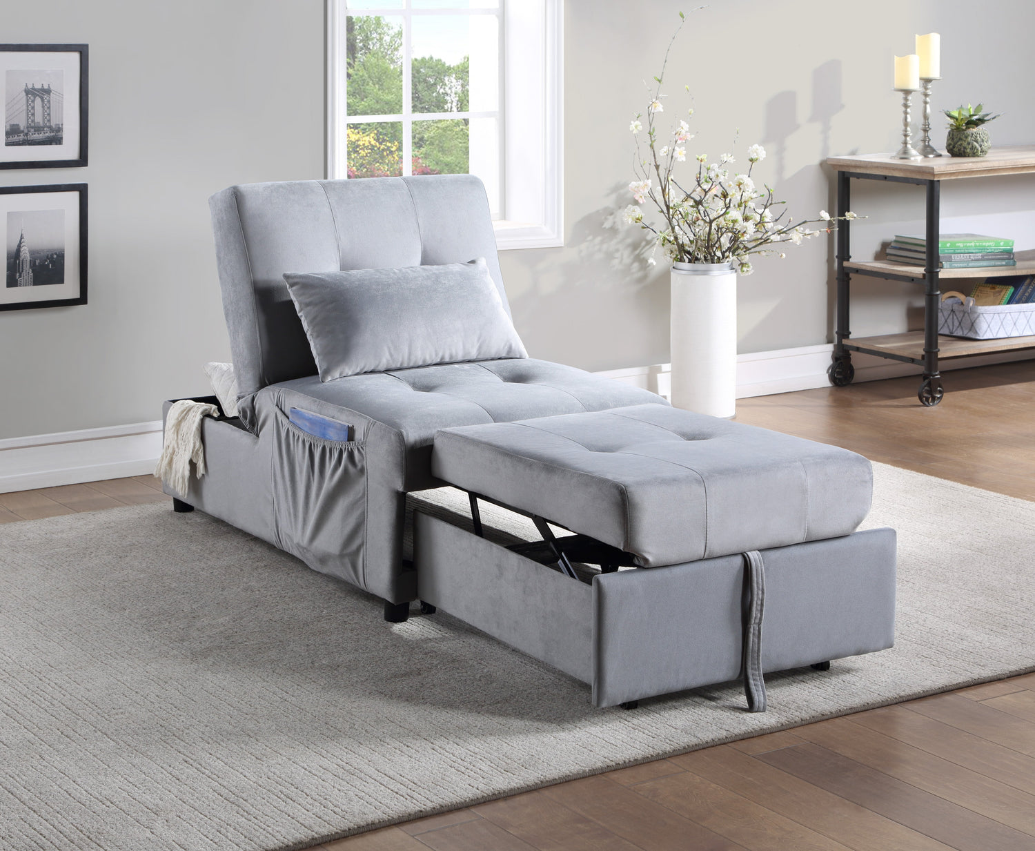 Garrell Gray Velvet Lift Top Storage Bench with Pull-out Bed - 4615-F3 - Bien Home Furniture &amp; Electronics