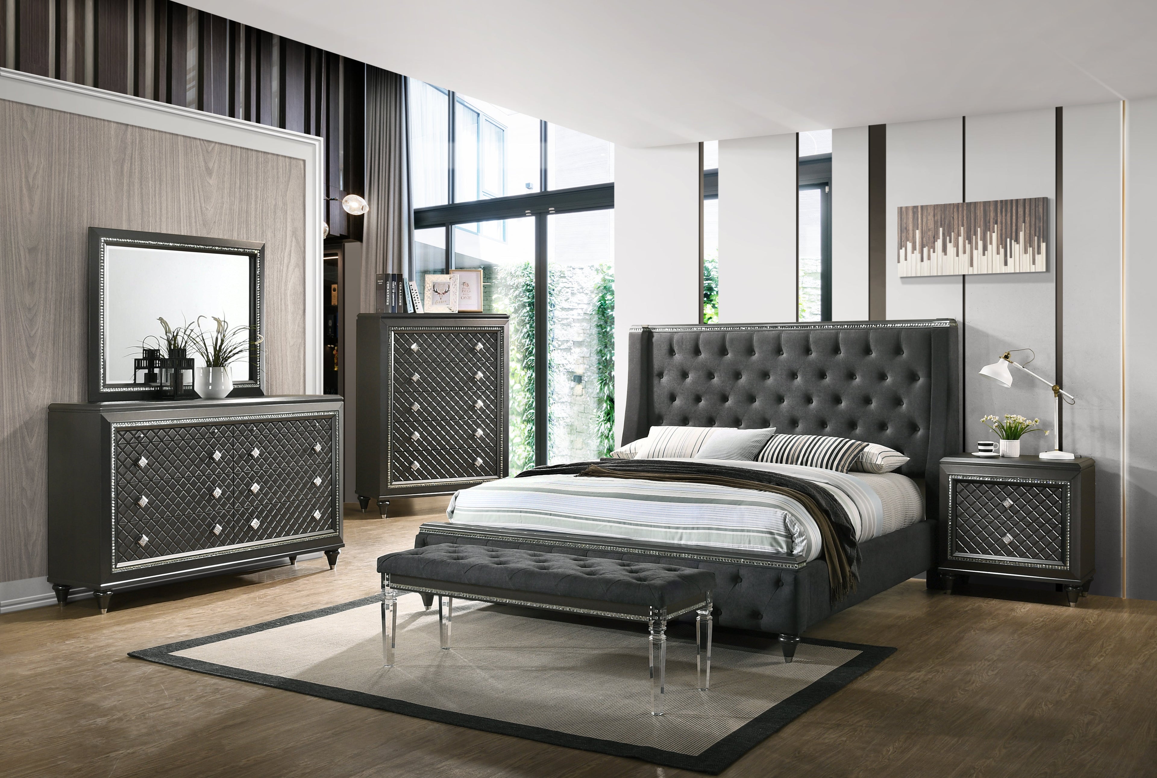 Giovani Gray King Upholstered Panel Bed - SET | B7900-K-HB | B7900-K-FB | B7900-KQ-RAIL - Bien Home Furniture &amp; Electronics
