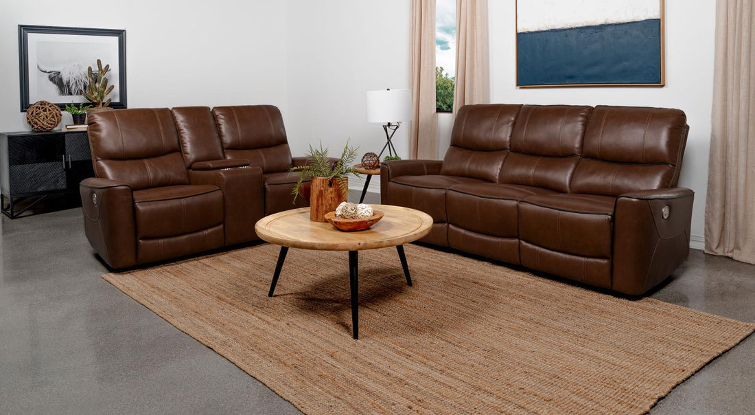 Greenfield 2-piece Upholstered Power Reclining Sofa Set Saddle Brown - 610264P-S2 - Bien Home Furniture &amp; Electronics
