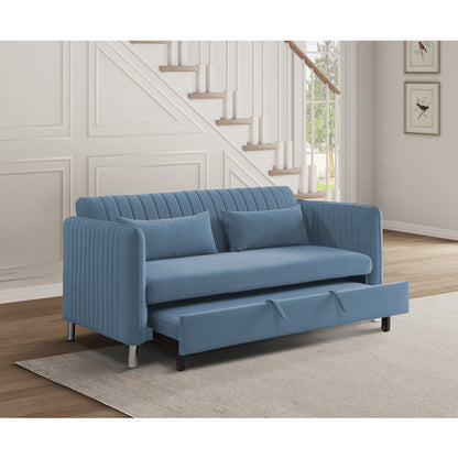 Greenway Blue Velvet Convertible Studio Sofa with Pull-out Bed - 9406NBU-3CL - Bien Home Furniture &amp; Electronics