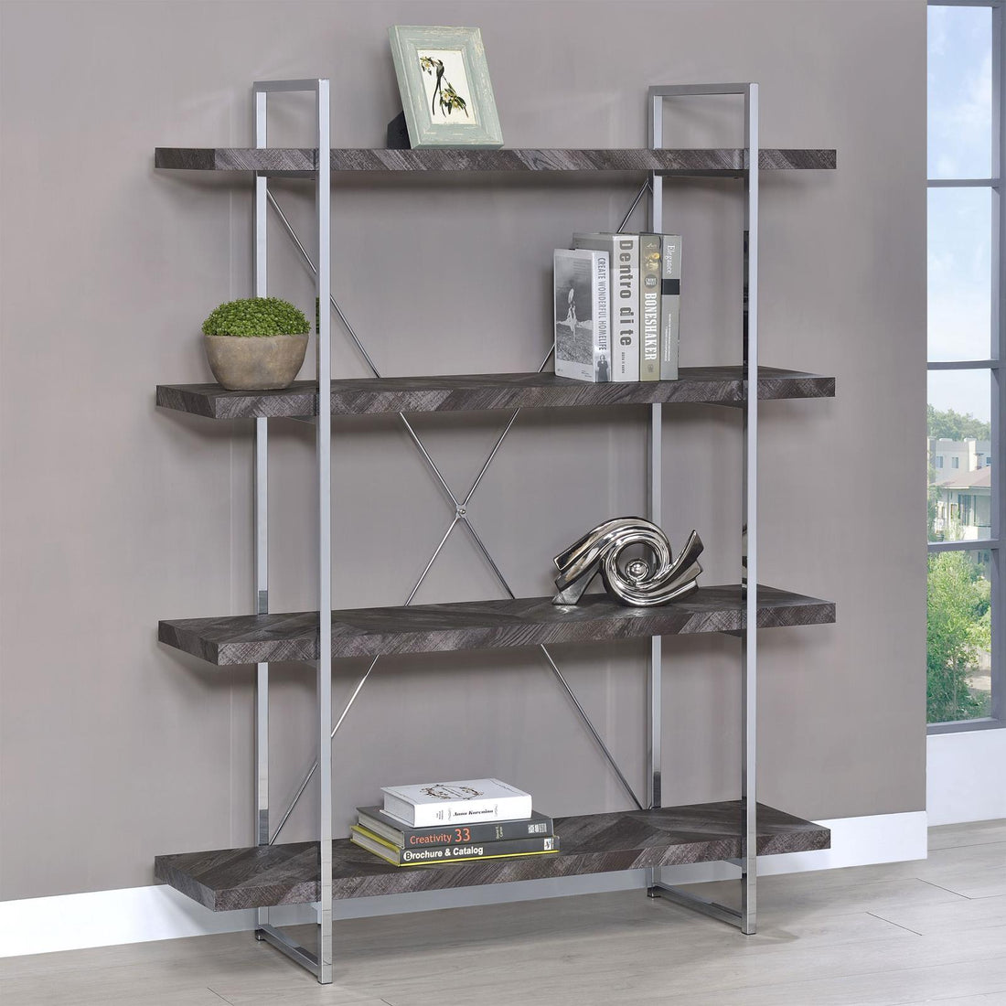 Grimma Rustic Gray Herringbone 4-Shelf Bookcase - 802613 - Bien Home Furniture &amp; Electronics