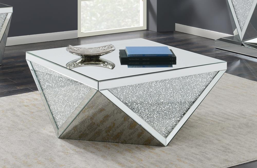 Gunilla Silver/Clear Mirror Square Coffee Table with Triangle Detailing - 722508 - Bien Home Furniture &amp; Electronics