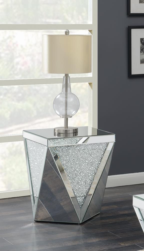 Gunilla Square End Table with Triangle Detailing Silver/Clear Mirror - 722507 - Bien Home Furniture &amp; Electronics