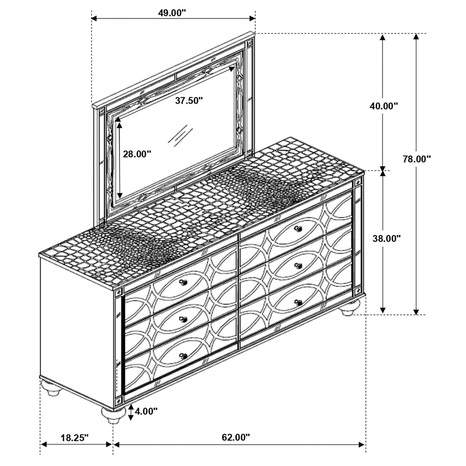 Gunnison 6-drawer Dresser with Mirror Silver Metallic - 223213M - Bien Home Furniture &amp; Electronics