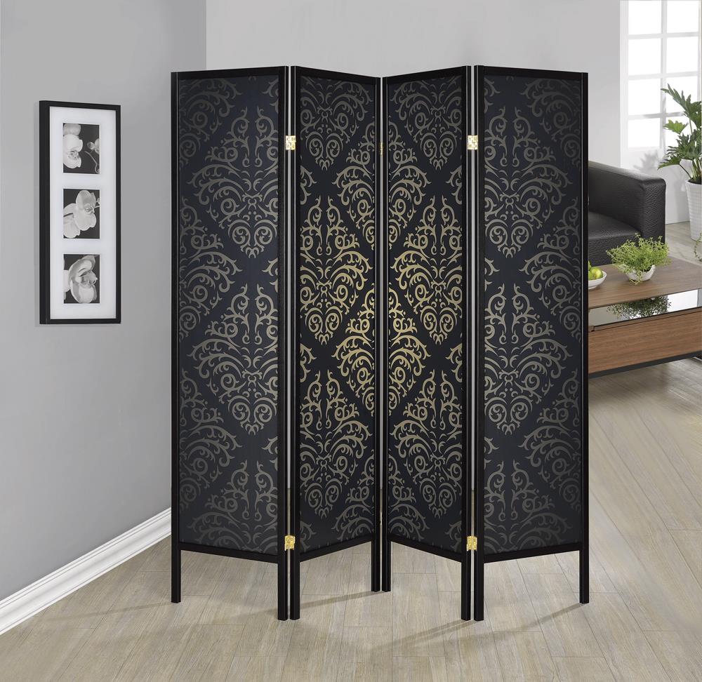 Haidera 4-Panel Damask Pattern Folding Screen Black - 901632 - Bien Home Furniture &amp; Electronics
