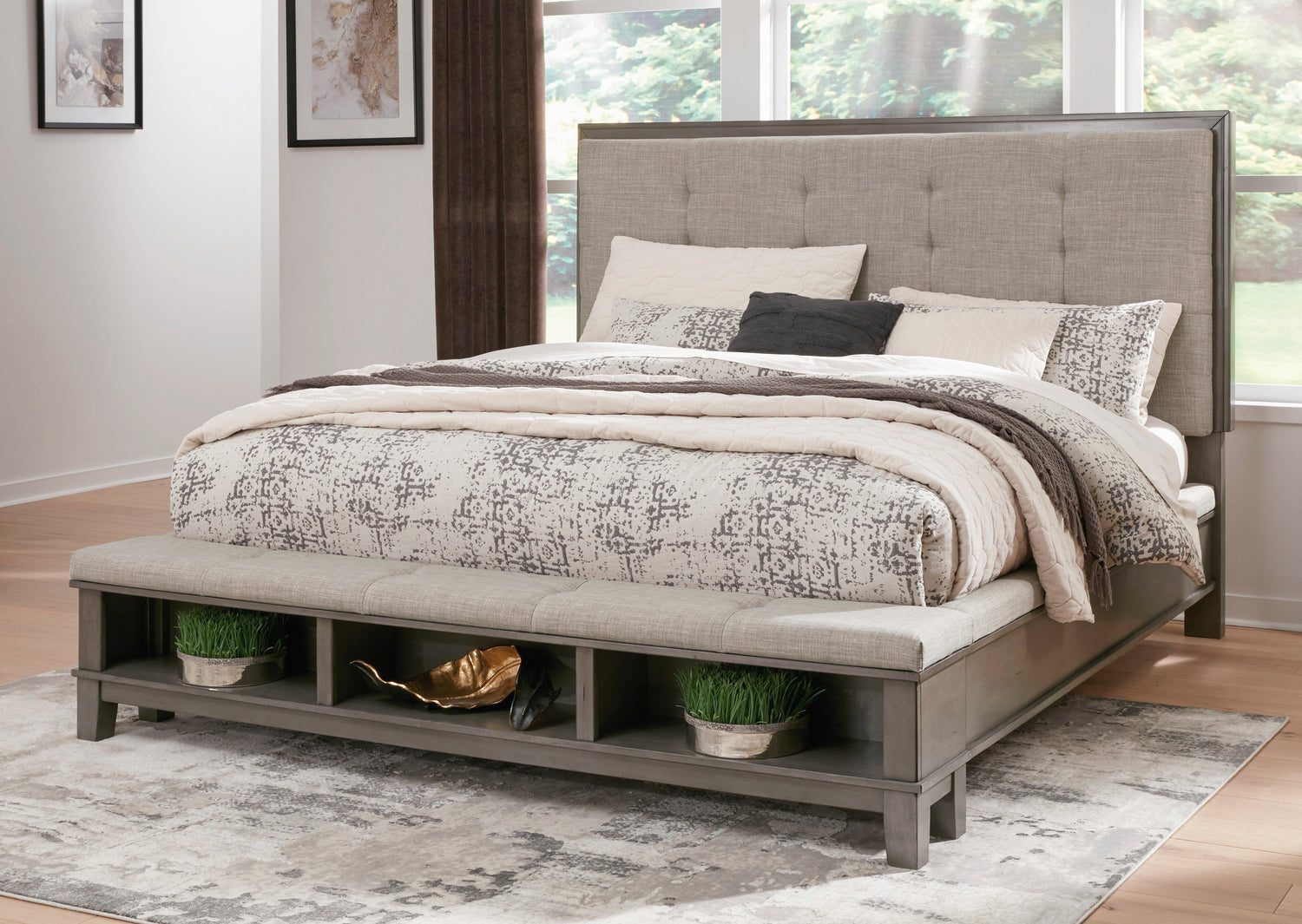Hallanden Gray Footboard Storage Upholstered Panel Bedroom Set - SET | B649-56 | B649-58 | B649-97 | B649-92 | B649-46 - Bien Home Furniture &amp; Electronics