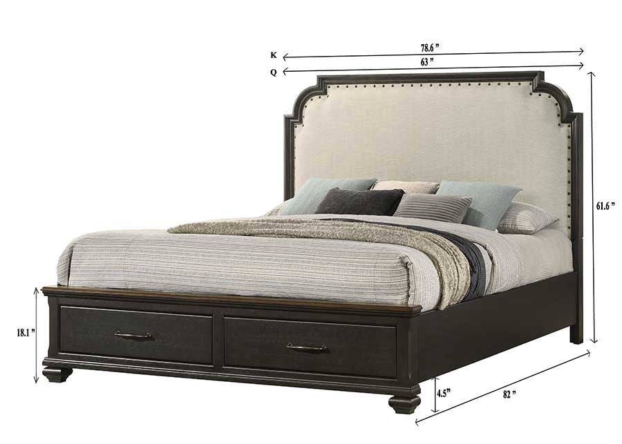 Hamilton Brownish Gray Upholstered Storage Platform Bedroom Set - SET | B6560-Q-HB | B6560-Q-FBD | B6560-KQ-RAIL | B6560-2 | B6560-4 - Bien Home Furniture &amp; Electronics
