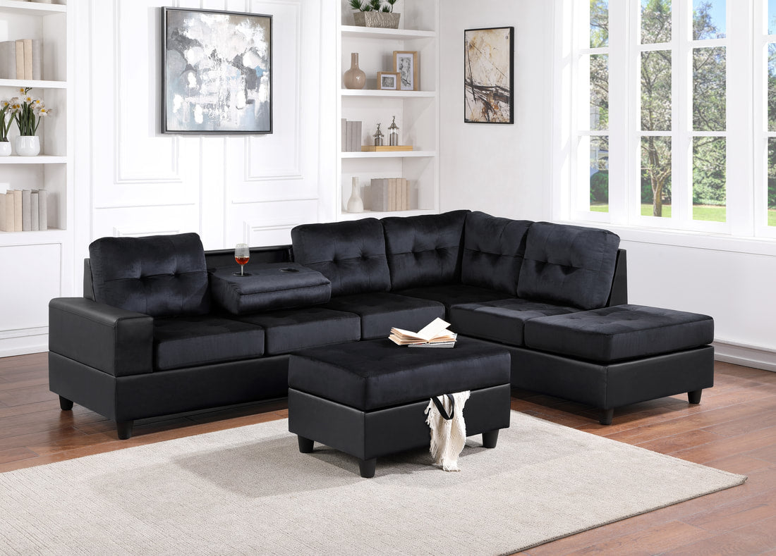 Heights Black/Black Reversible Sectional with Storage Ottoman - PU9HEIGHTS - Bien Home Furniture &amp; Electronics