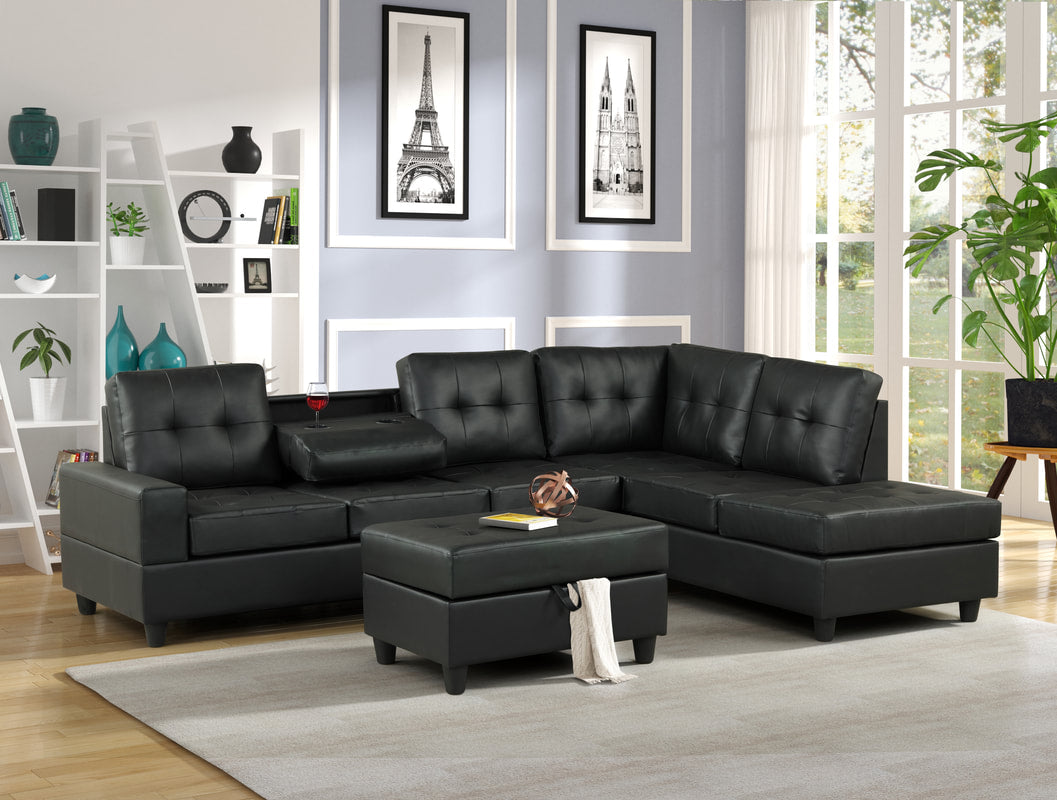 Heights Black Faux Leather Reversible Sectional with Storage Ottoman - Heights Black - Bien Home Furniture &amp; Electronics