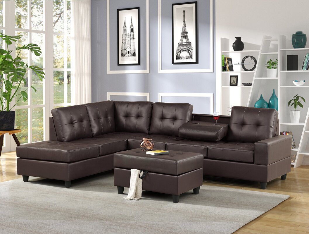 Heights Espresso Faux Leather Reversible Sectional with Storage Ottoman - 1HEIGHTS - ESPRESSO - Bien Home Furniture &amp; Electronics