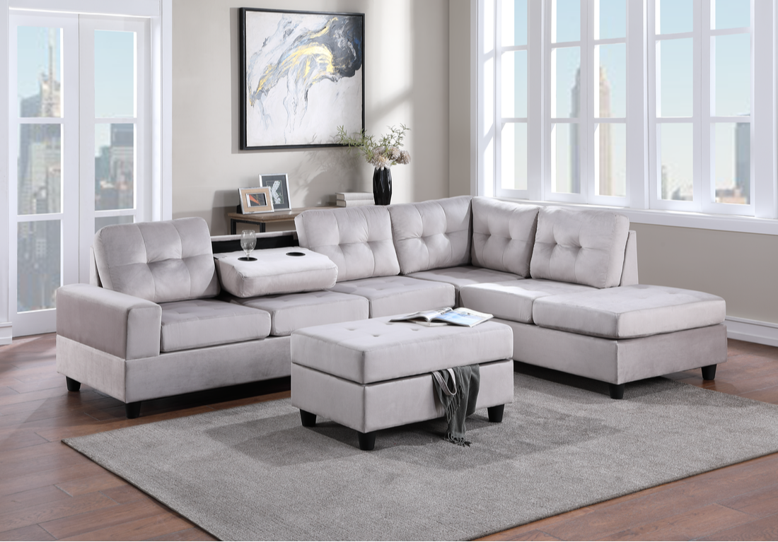 Heights Silver Velvet Reversible Sectional with Storage Ottoman - 21Heights - Silver - Bien Home Furniture &amp; Electronics