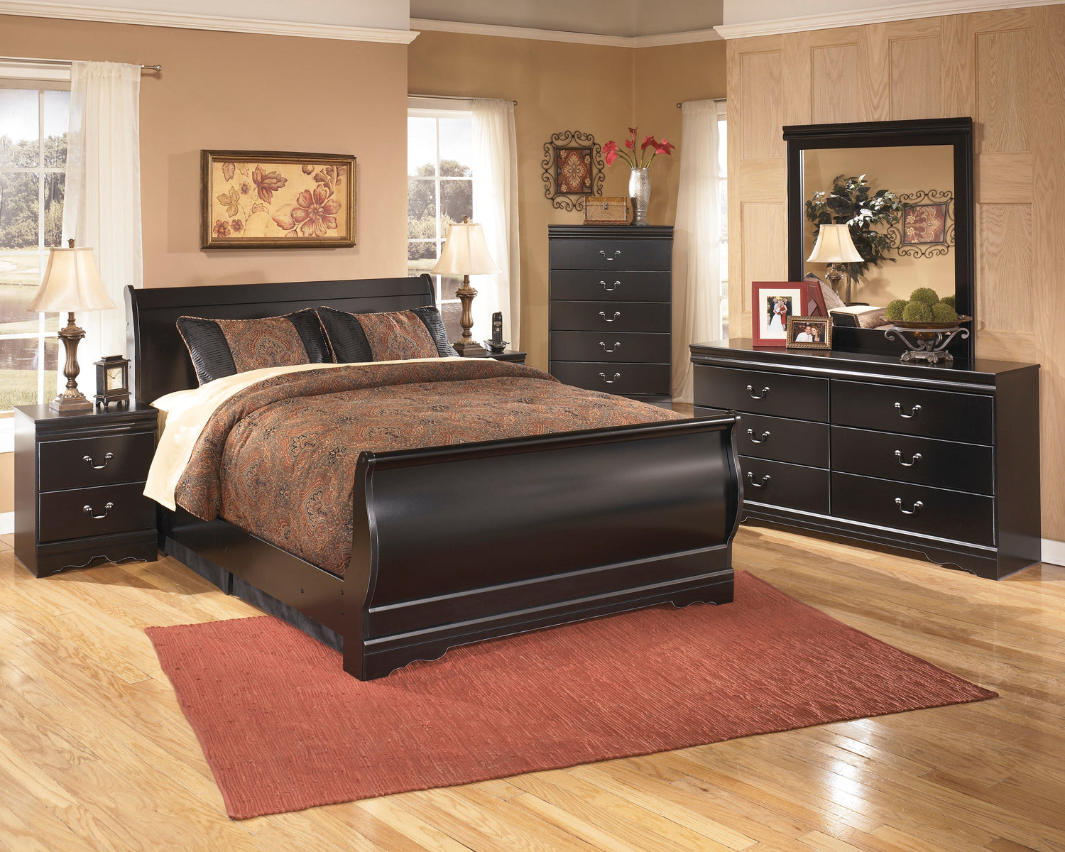 Huey Vineyard Black Sleigh Bedroom Set - SET | B128-74 | B128-77 | B128-98 | B128-31 | B128-36 | B128-92 | B128-46 - Bien Home Furniture &amp; Electronics