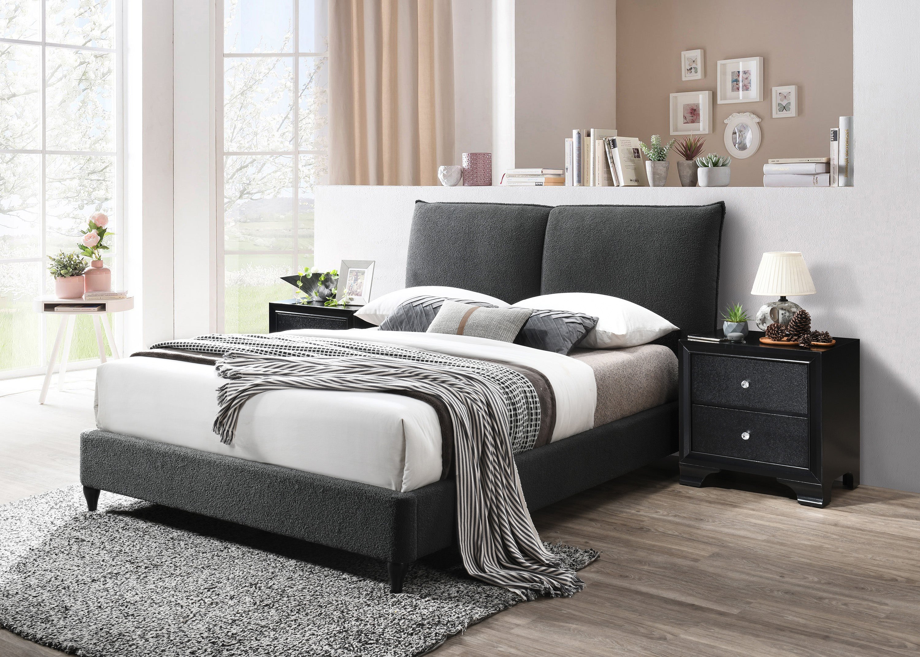 Jenn Charcoal Boucle King Upholstered Platform Bed - SET | 5106CL-K-HBFB | 5106-K-DECK | 5106CL-KQ-RAIL - Bien Home Furniture &amp; Electronics