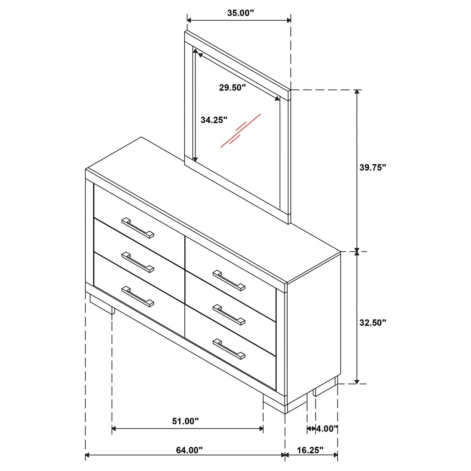Jessica 6-drawer Dresser with Mirror White - 202993M - Bien Home Furniture &amp; Electronics