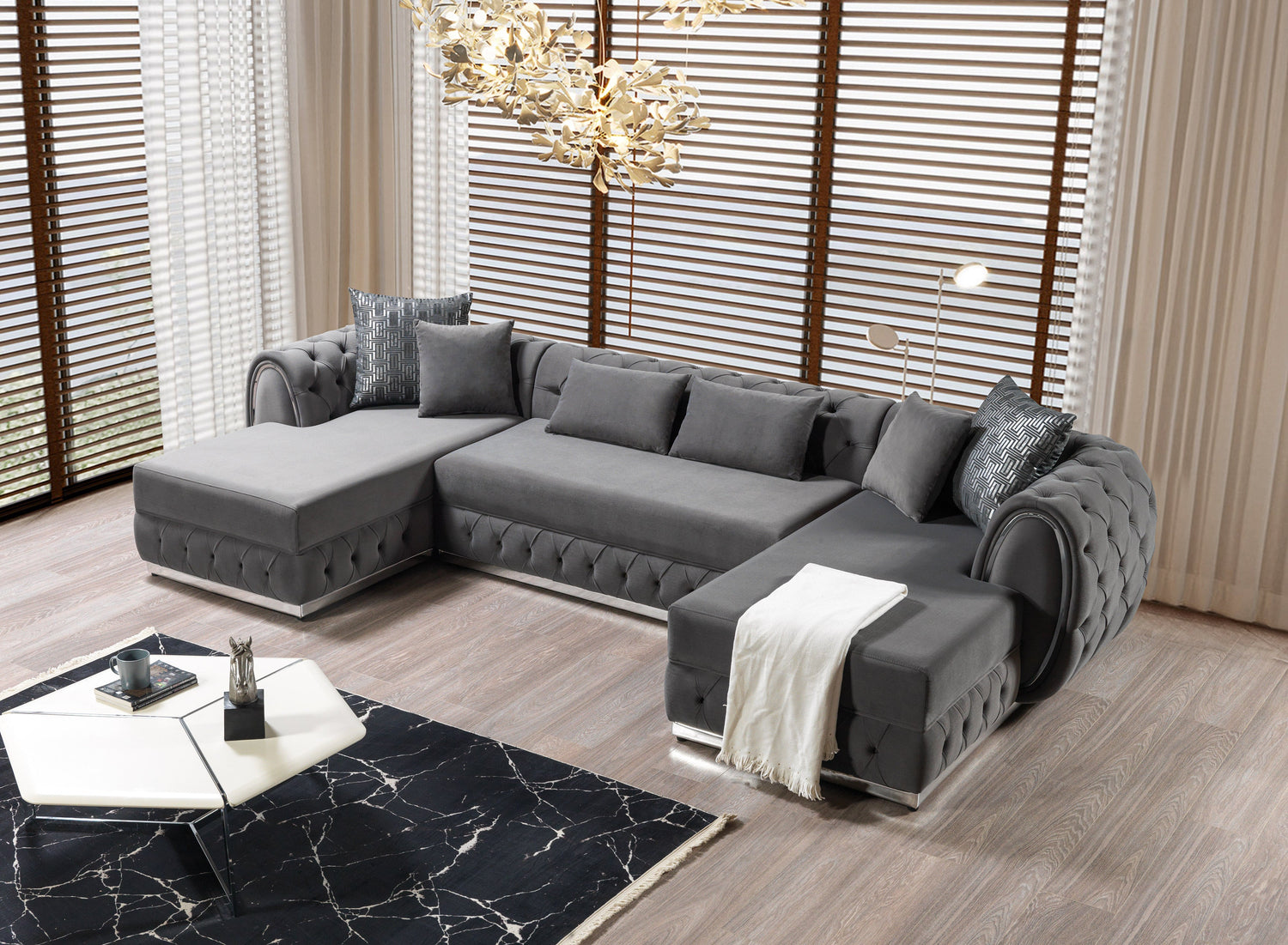 Jessie Gray Velvet  Double Chaise Sectional - JESSIE SEC - GRAY - Bien Home Furniture &amp; Electronics