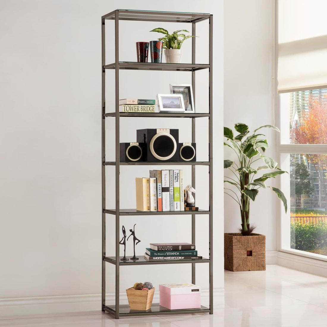 Kate Black Nickel 6-Shelf Bookcase - 801017 - Bien Home Furniture &amp; Electronics