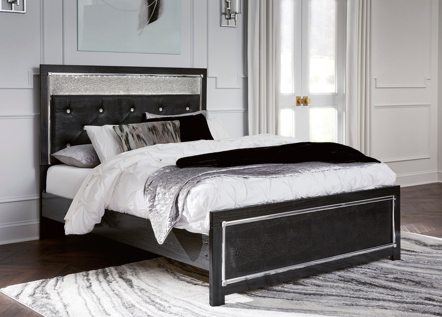 Kaydell Black Queen Upholstered Panel Platform Bed - SET | B100-13 | B1420-157 | B1420-54 | B1420-95 - Bien Home Furniture &amp; Electronics