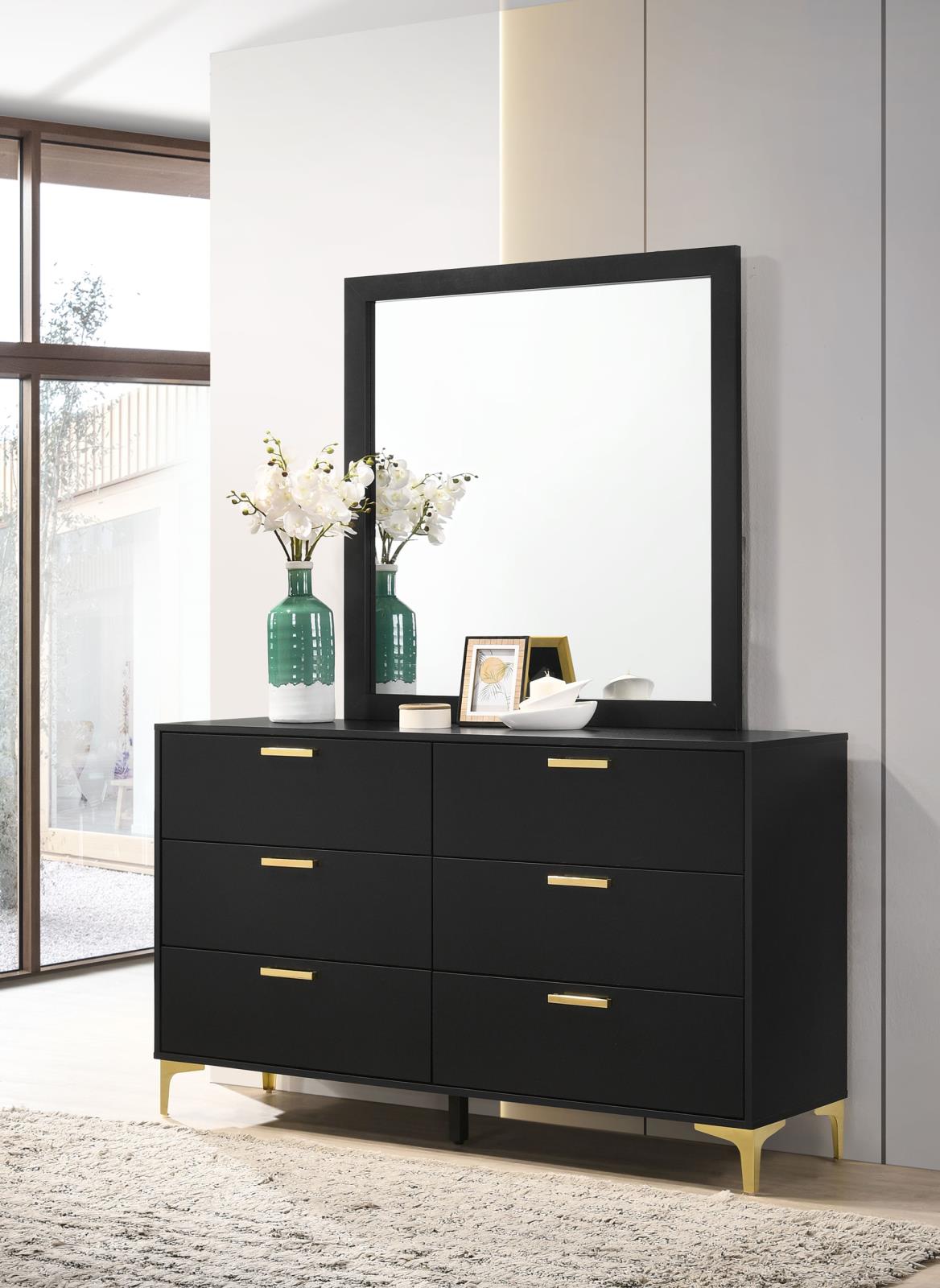Kendall 6-drawer Dresser with Mirror Black and Gold - 224453M - Bien Home Furniture &amp; Electronics