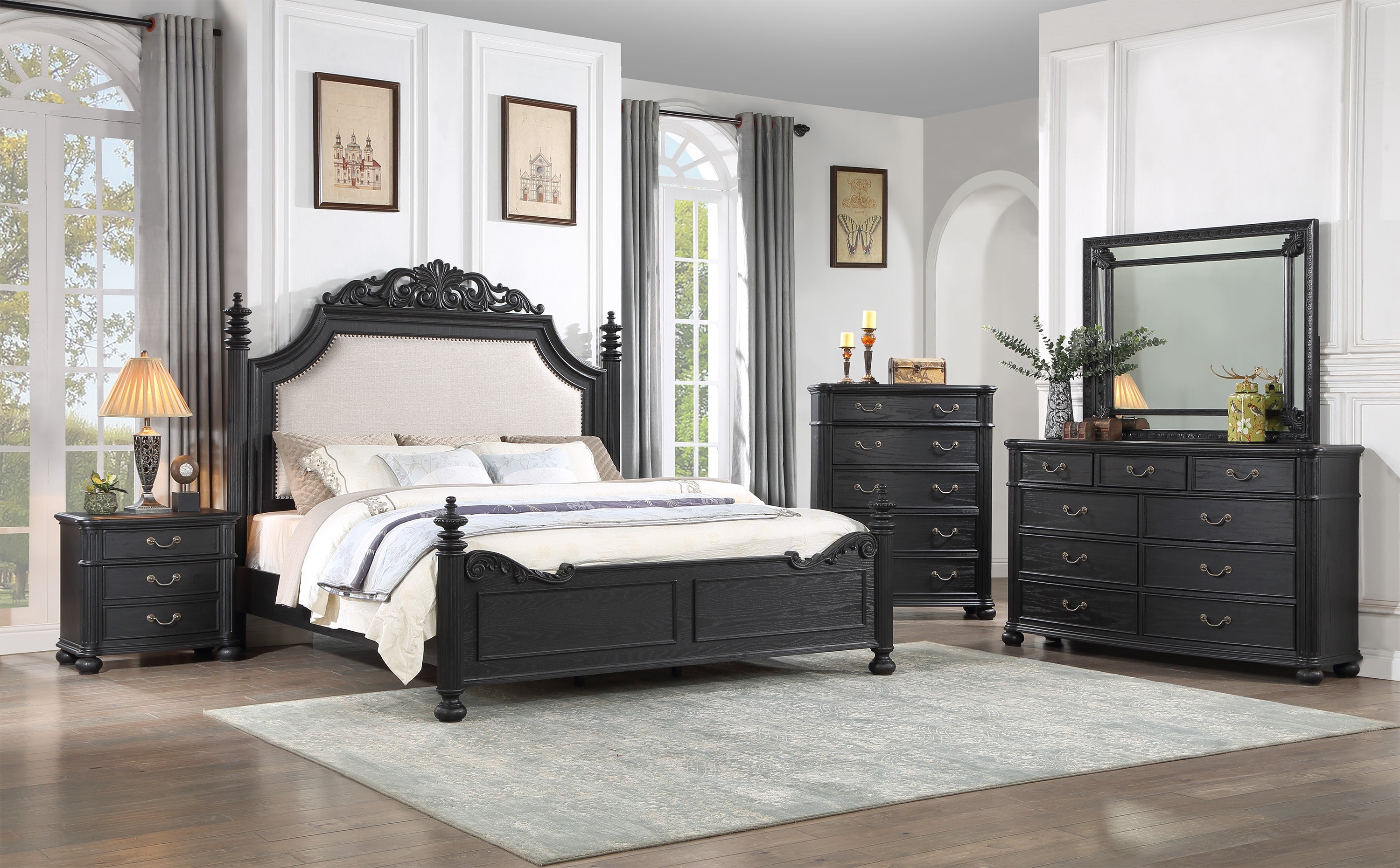 Kingsbury Espresso Upholstered Panel Bedroom Set - SET | B1130-Q-HB | B1130-Q-FB | B1130-KQ-RAIL | B1130-2 | B1130-4 - Bien Home Furniture &amp; Electronics