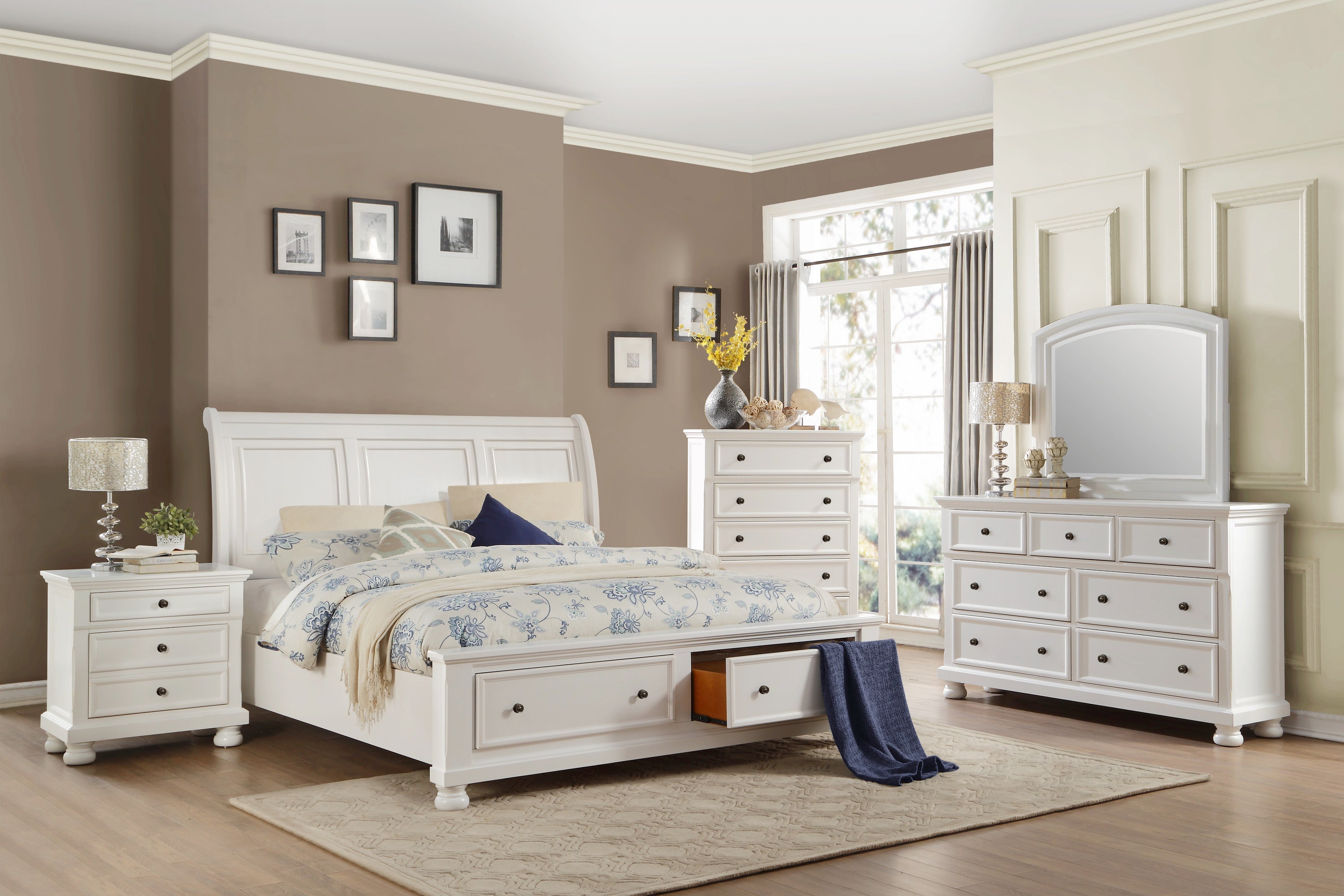 Laurelin White Queen Sleigh Storage Platform Bed - SET | 1714W-1 | 1714W-2 | 1714W-3 - Bien Home Furniture &amp; Electronics