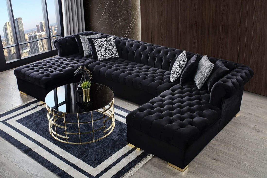 Lauren Black Velvet Double Chaise Sectional - SET | LAURENBLACK-SEC | LAURENBLACK-OTT - Bien Home Furniture &amp; Electronics