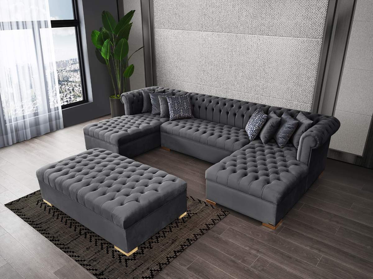 Lauren Gray Velvet Double Chaise Sectional - SET | LAURENGRAY-SEC | LAURENGRAY-OTT - Bien Home Furniture &amp; Electronics