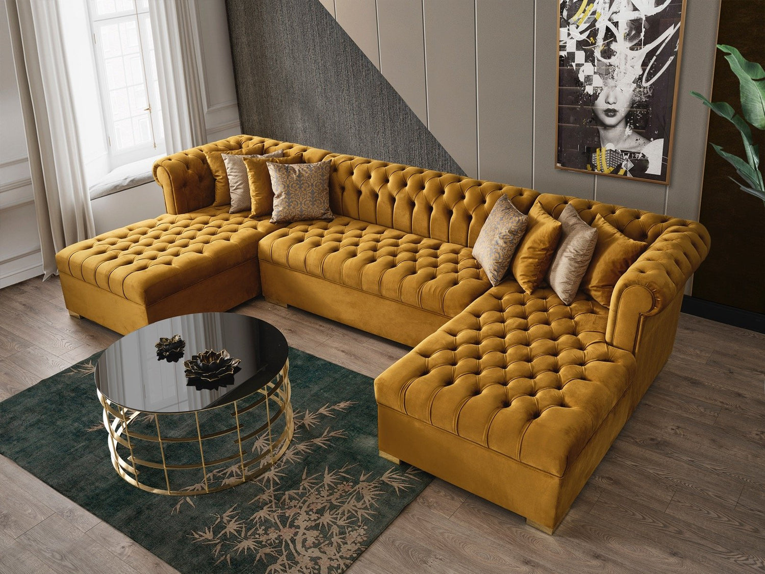 Lauren Mustard Velvet Double Chaise Sectional - LAURENMUSTARD-SEC - Bien Home Furniture &amp; Electronics